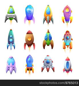 Cartoon spacecraft rockets and spaceships vector icons. Kids rockets or spacecraft shuttles on startup to galaxy space with illuminators, spaceflight and cosmic space adventure. Cartoon spacecraft rockets and galaxy spaceships
