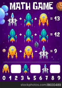Cartoon spacecrafts and starship math game worksheet. Educational vector maze with galaxy spaceships. Cartoon learn to count teaser for mathematics skill development. Numeracy riddle activity for kids. Cartoon spacecraft or starship math game worksheet