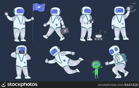 Cartoon spaceman flat icon set. Space explorer, cosmonaut or astronaut in spacesuit flying and walking isolated vector illustration collection. Galaxy, exploring, moon and planet concept