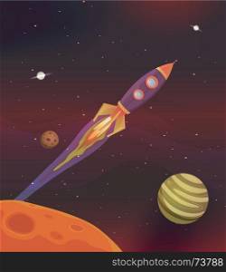 Cartoon Spaceship Flying Into Galaxy. Illustration of a cartoon rocket spaceship flying into galaxy among planets and solar system