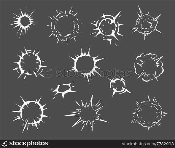 Cartoon spark and explosion effect set. Vector comic boom blast clouds, exploded bomb fire burst energy and bang crash power with smoke, dust and air speed motion trails, comics book explosion effects. Cartoon spark and explosion effects