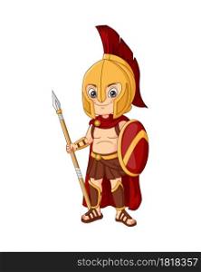 Cartoon spartan warrior boy holding spear and shield