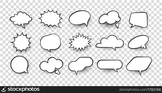 Cartoon speech bubble. Comic retro dialog form and splash bam pow effect. Surprise or explosion contour symbols. Isolated stylized communication white drawing mockup. Vector blank message elements set. Cartoon speech bubble. Comic retro dialog form and splash bam pow effect. Surprise or explosion symbols. Isolated stylized communication white drawing mockup. Vector message elements set