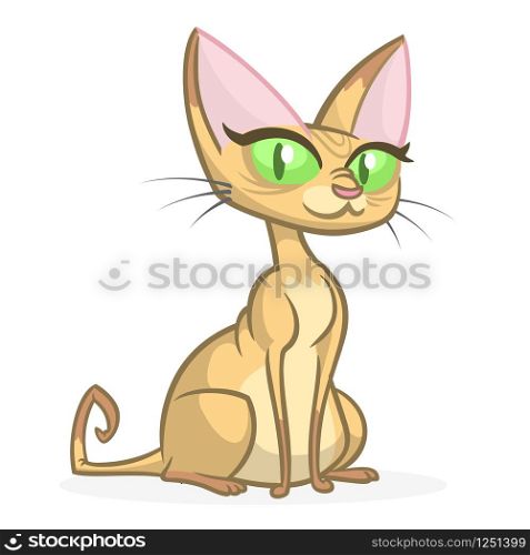 Cartoon Sphynx cat. Funny bald cat with green eyes. Vector illustration