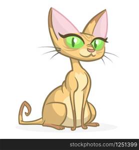Cartoon Sphynx cat. Funny bald cat with green eyes. Vector illustration