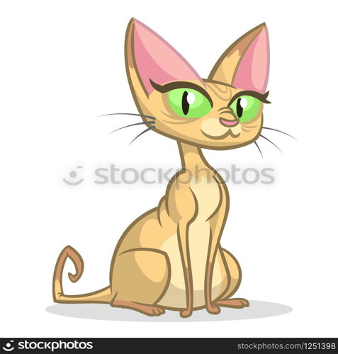 Cartoon Sphynx cat illustration. Funny bald cat with green eyes. Vector isolated