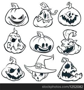 Cartoon spooky Jack O&rsquo; Lantern pumpkins set outlined. Halloween vector illustration.
