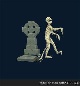 Cartoon spooky mummy rise from the grave creepy Halloween character. Vector bandaged monster, horror mascot with glowing eyes and bandage on body walking on cemetery, isolated eerie dead personage. Cartoon spooky mummy rise from the grave, horror