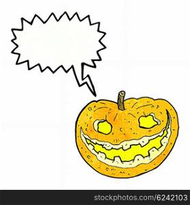 cartoon spooky pumpkin with speech bubble
