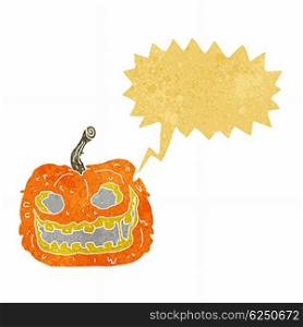 cartoon spooky pumpkin with speech bubble