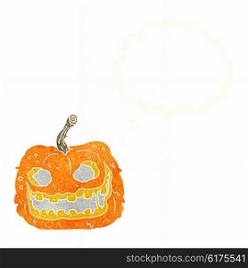 cartoon spooky pumpkin with thought bubble