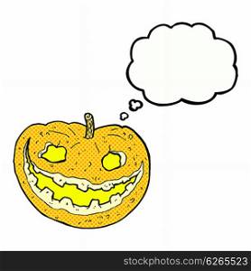 cartoon spooky pumpkin with thought bubble