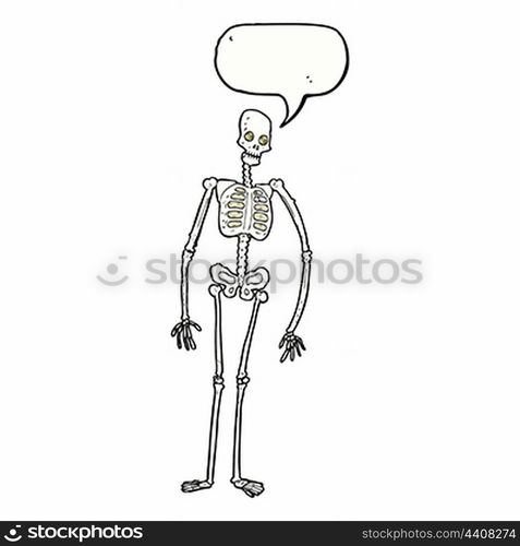 cartoon spooky skeleton with speech bubble