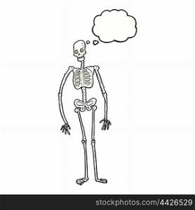 cartoon spooky skeleton with thought bubble