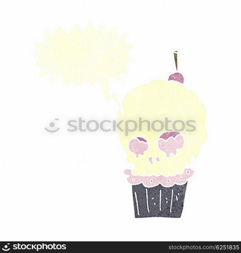 cartoon spooky skull cupcake with speech bubble