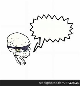 cartoon spooky skull with eye patch with speech bubble