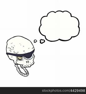 cartoon spooky skull with eye patch with thought bubble