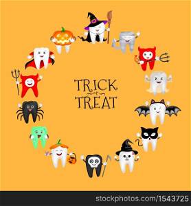 Cartoon spooky tooth in Halloween costumes. Trick or treat, Halloween concept. Illustration isolated on orange background.