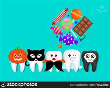 Cartoon spooky tooth in Halloween costumes with candies. Trick or treat, Halloween concept. Illustration isolated on blue background.