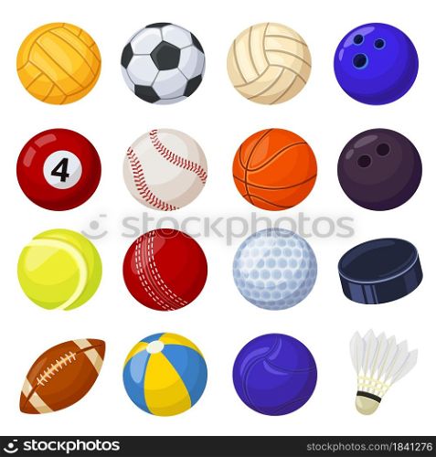 Cartoon sport balls, different sports games equipment. Soccer, volleyball, golf, football, baseball, billiard, cricket, rugby, hockey vector set. Tools for hobby and entertainment isolated. Cartoon sport balls, different sports games equipment. Soccer, volleyball, golf, football, baseball, billiard, cricket, rugby, hockey vector set
