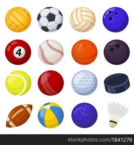 Cartoon sport balls, different sports games equipment. Soccer, volleyball, golf, football, baseball, billiard, cricket, rugby, hockey vector set. Tools for hobby and entertainment isolated. Cartoon sport balls, different sports games equipment. Soccer, volleyball, golf, football, baseball, billiard, cricket, rugby, hockey vector set
