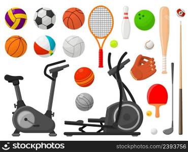 Cartoon sport equipment. Ball collection, flat balls and racket, golf accessories. Gym elements, sporting and outdoor activity vector objects. Illustration of sport ball and competition equipment. Cartoon sport equipment. Ball collection, flat balls and racket, golf accessories. Gym elements, sporting and outdoor activity recent vector objects