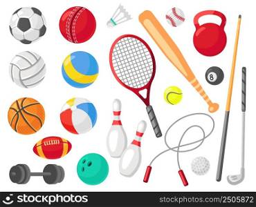 Cartoon sport equipment. Different balls, playing tools. Isolated gym, competition and training icons. Soccer ball, racket, baseball vector. Illustration of sport equipment, basketball and volleyball. Cartoon sport equipment. Different balls, flat playing tools. Isolated gym elements, competition and training icons. Soccer ball, racket, baseball neat vector set