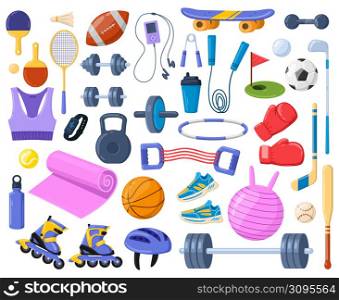 Cartoon sport equipment, fitness, athlete gym accessories. Sports inventory for baseball, football and tennis vector illustration set. Healthy lifestyle sports tools. Fitness gym equipment. Cartoon sport equipment, fitness, athlete gym accessories. Sports inventory for baseball, football and tennis vector illustration set. Healthy lifestyle sports tools