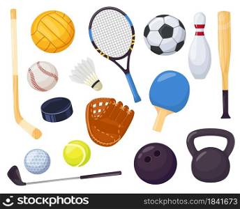 Cartoon sports equipment, different ball games elements. Baseball bat, bowling pin, hockey stick. Sport recreation activity item vector set. Hobby tools for tournament or competition. Cartoon sports equipment, different ball games elements. Baseball bat, bowling pin, hockey stick. Sport recreation activity item vector set
