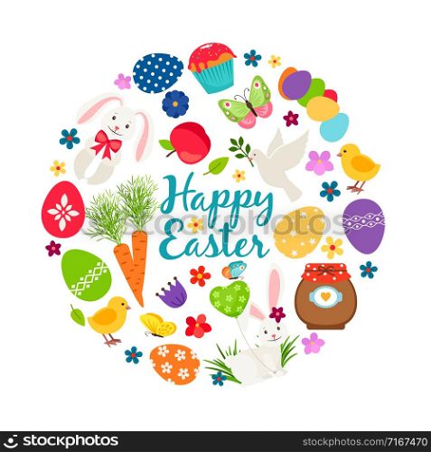 Cartoon spring happy easter printable vector banner with eggs, bunnies and flowers. Easte banner with flower and eggs, colorful handwritten, dove and rabbit illustration. Cartoon spring happy easter printable vector banner with eggs, bunnies and flowers