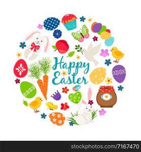 Cartoon spring happy easter printable vector banner with eggs, bunnies and flowers. Easte banner with flower and eggs, colorful handwritten, dove and rabbit illustration. Cartoon spring happy easter printable vector banner with eggs, bunnies and flowers