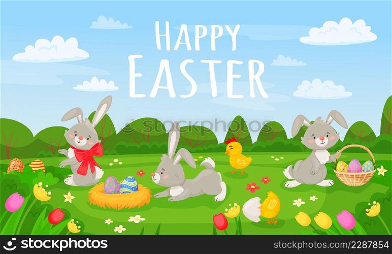 Cartoon spring landscape with cute easter bunnies and eggs. Happy easter card, springtime meadow scenery with flowers vector illustration. Spring rabbit easter, bunny and flower. Cartoon spring landscape with cute easter bunnies and eggs. Happy easter card, springtime meadow scenery with flowers vector illustration