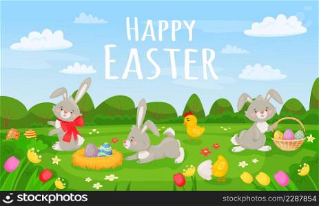 Cartoon spring landscape with cute easter bunnies and eggs. Happy easter card, springtime meadow scenery with flowers vector illustration. Spring rabbit easter, bunny and flower. Cartoon spring landscape with cute easter bunnies and eggs. Happy easter card, springtime meadow scenery with flowers vector illustration