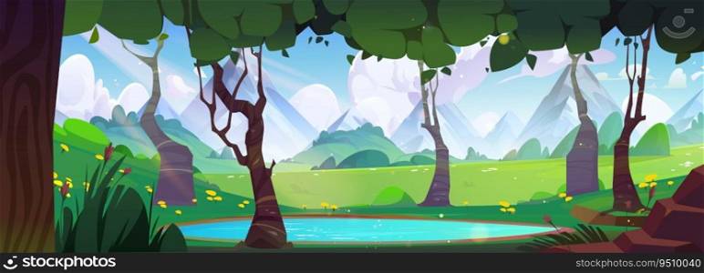 Cartoon spring mountain valley lake surrounded by trees. Vector illustration of summer meadow landscape, green grass and flowers on hills, blue water puddle in forest, fluffy clouds in sunny sky. Cartoon spring mountain valley lake