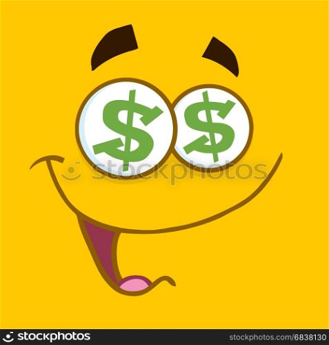 Cartoon Square Emoticons With Dollar Eyes And Smiling Expression. Illustration With Yellow Background