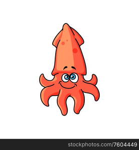 Cartoon squid with fins isolated underwater animal. Vector childish mollusk with eyes and smile. Squid with eyes and smile isolated cartoon animal