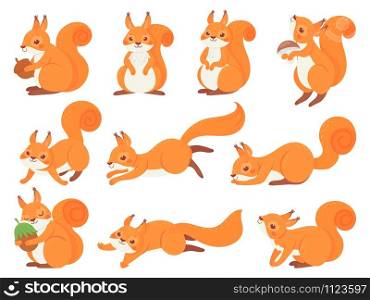 Cartoon squirrel. Cute squirrels with red furry tail, mammals animals and brown fur squirrel vector set. Adorable forest fauna, funny wildlife stickers collection. Happy cub illustrations pack. Cartoon squirrel. Cute squirrels with red furry tail, mammals animals and brown fur squirrel vector set. Adorable forest fauna, funny wildlife stickers collection. Playful cub illustrations pack