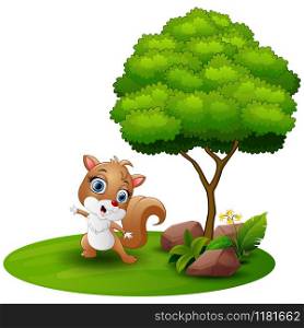 Cartoon squirrel dancing under a tree on a white background