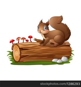 Cartoon squirrel on tree log