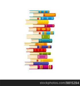 Cartoon stacked books angle view, students textbooks and bestsellers stack. Isolated vector school dictionaries, literature novels, fairytale stories or verses with colorful covers and white pages. Cartoon stacked books, students textbooks pile