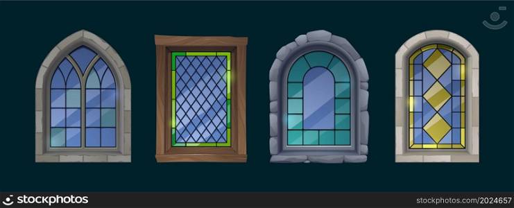 Cartoon stained glass windows, catholic church, medieval gothic interior or exterior architecture design elements of rectangular and arched shapes. Antique facade construction Vector illustration set. Cartoon stained glass windows, catholic church