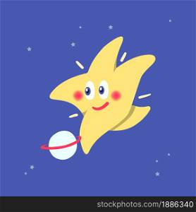 Cartoon star playing scoccer with a planet. Flat vector illustration