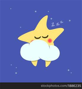 Cartoon star sleeping on the cloud. Flat vector illustration