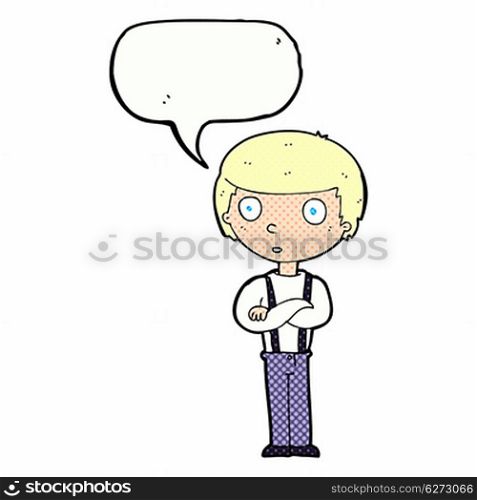 cartoon staring boy with folded arms with speech bubble