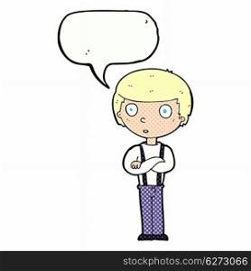 cartoon staring boy with folded arms with speech bubble