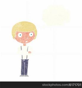 cartoon staring boy with folded arms with thought bubble