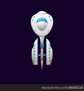 Cartoon starship futuristic vehicle with astronauts isolated cartoon galaxy ship. Vector cosmic spaceship spacecraft explorer white and blue colors, flying rocket rocketship booster, kids toy, shuttle. Rocketship cartoon spacecraft, galaxy spaceship
