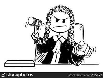 Cartoon stick drawing conceptual illustration of angry judge holding gavel or hammer and pointing his finger during pronouncing a verdict.. Cartoon of Judge With Gavel Pointing His Finger