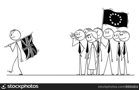 Cartoon stick drawing conceptual illustration of brexit, prime minister of Britain or United Kingdom or UK is leaving European Union or EU with flag and with no-deal.. Vector Cartoon of Prime Minister with Flag of UK or United Kingdom is Leaving European Union or EU during Brexit with No-Deal