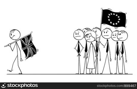 Cartoon stick drawing conceptual illustration of brexit, prime minister of Britain or United Kingdom or UK is leaving European Union or EU with flag as smiling victor. EU is humiliated.. Vector Cartoon of Prime Minister with Flag of UK or United Kingdom is Leaving European Union during Brexit as Victor. EU is Humiliated.
